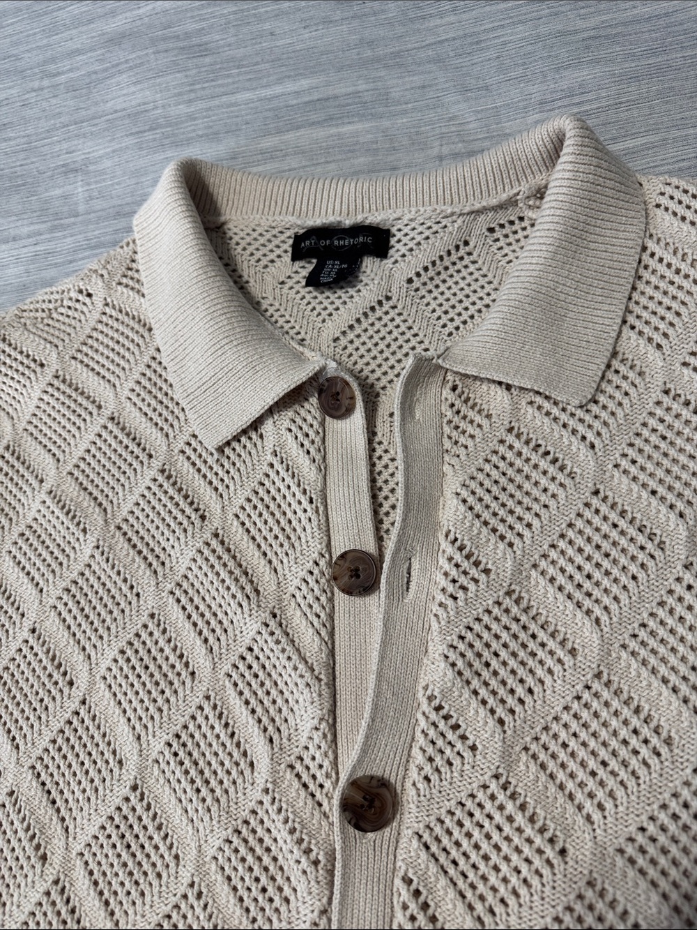 Art of Rhetoric Cream Crochet Knit Shirt Mens Sz XL Open Stitch Diamond Polo - Picture 3 of 12